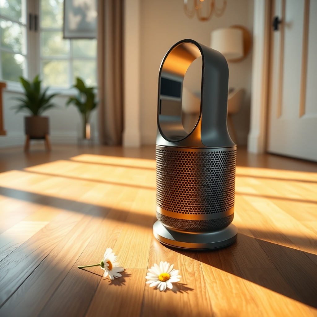 A photorealistic photo of a Dyson Purifier Hot+Cool standing on a hardwood floor in a sunl