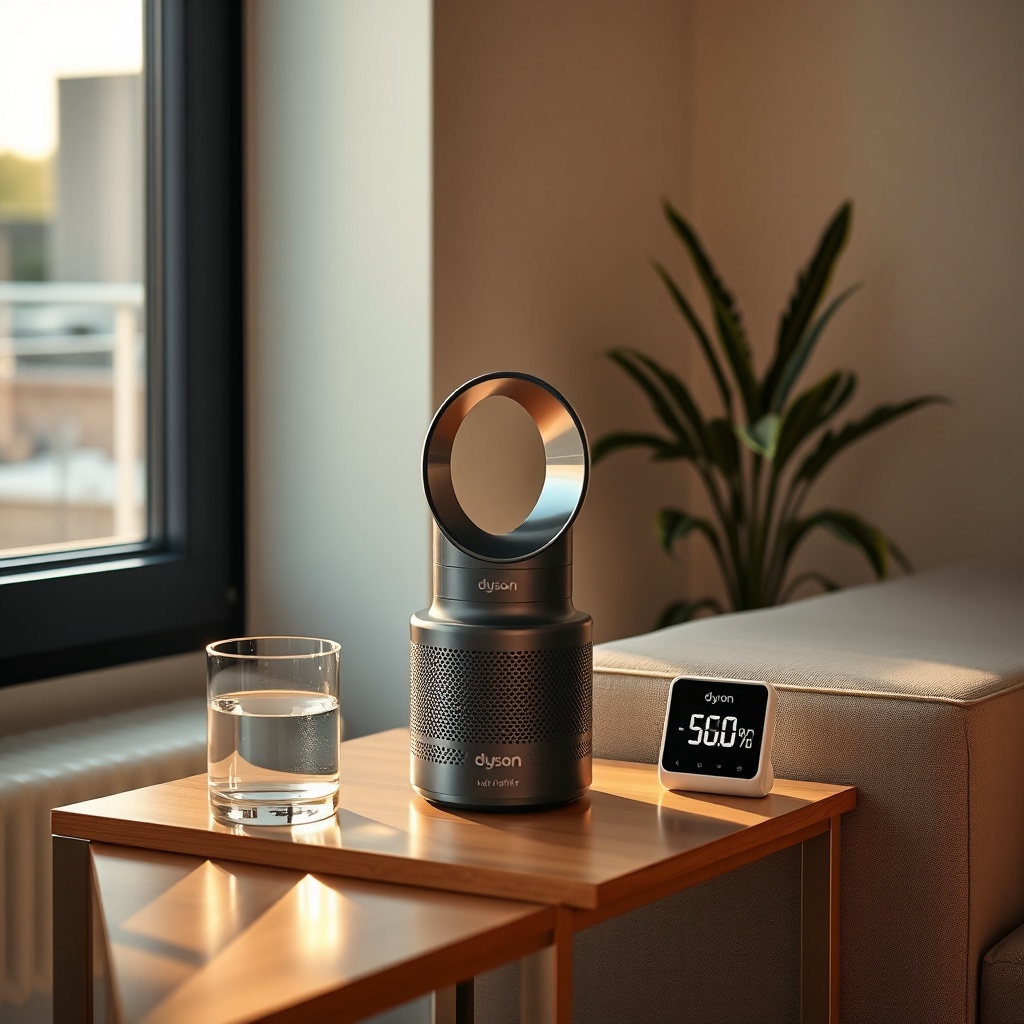 A photorealistic photo showing a Dyson Purifier Hot+Cool placed on a side table in a moder