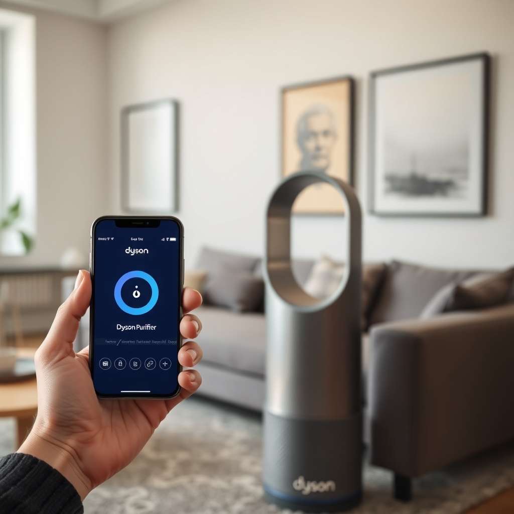 A clean photorealistic photo of a smartphone held in hand displaying the Dyson Link app in