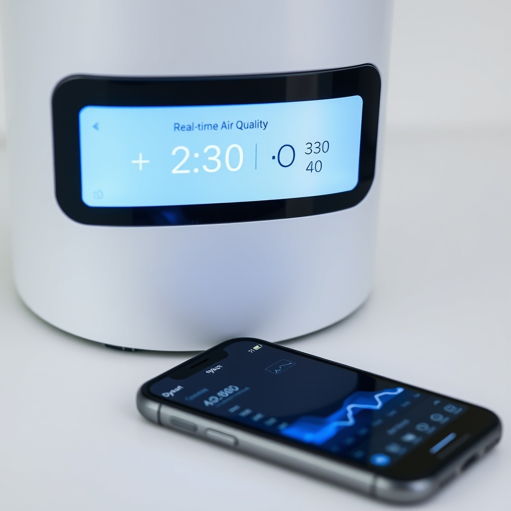 A clean photorealistic photo of a close-up of the Dyson Purifier Hot+Cool's LCD display sh