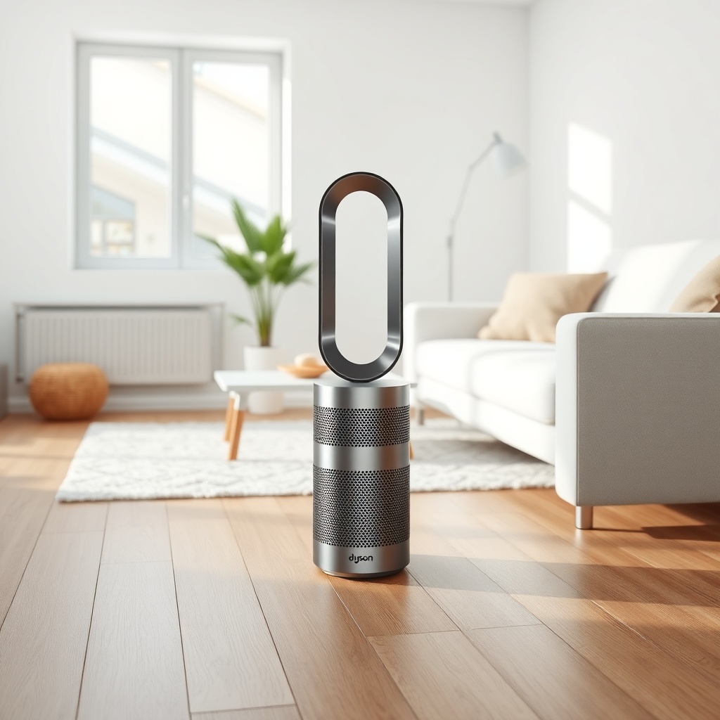 A clean photorealistic photo of a Dyson Purifier Hot+Cool standing on a wooden floor next