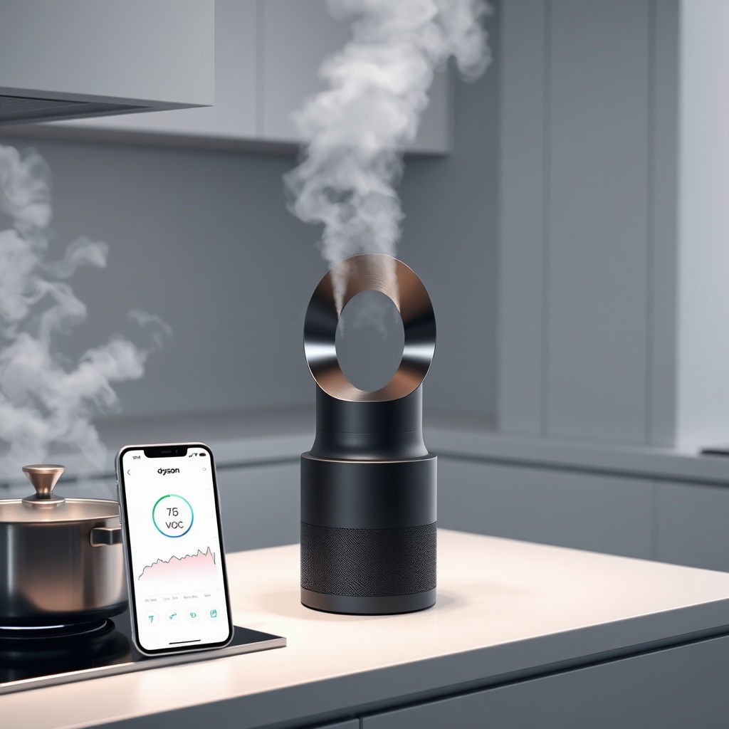 A clean photorealistic photo of a Dyson Purifier Hot+Cool in a modern kitchen