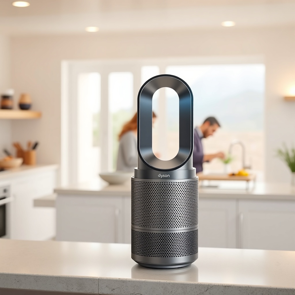 A clean photorealistic photo of a Dyson Purifier Hot+Cool placed on a kitchen counter in a