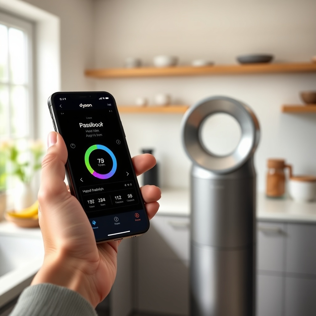 <clean photorealistic photo of a hand holding a smartphone displaying the Dyson Link App d