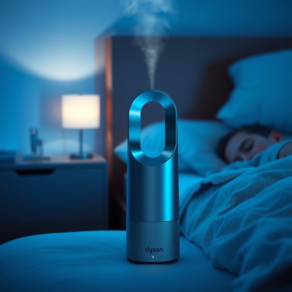 A photorealistic photo of a Dyson Purifier Hot+Cool sitting in a dimly lit bedroom