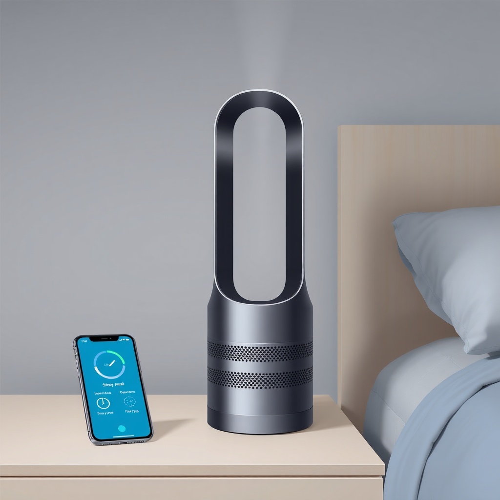 A photorealistic illustration showing the Dyson Purifier Hot+Cool with a smartphone app in