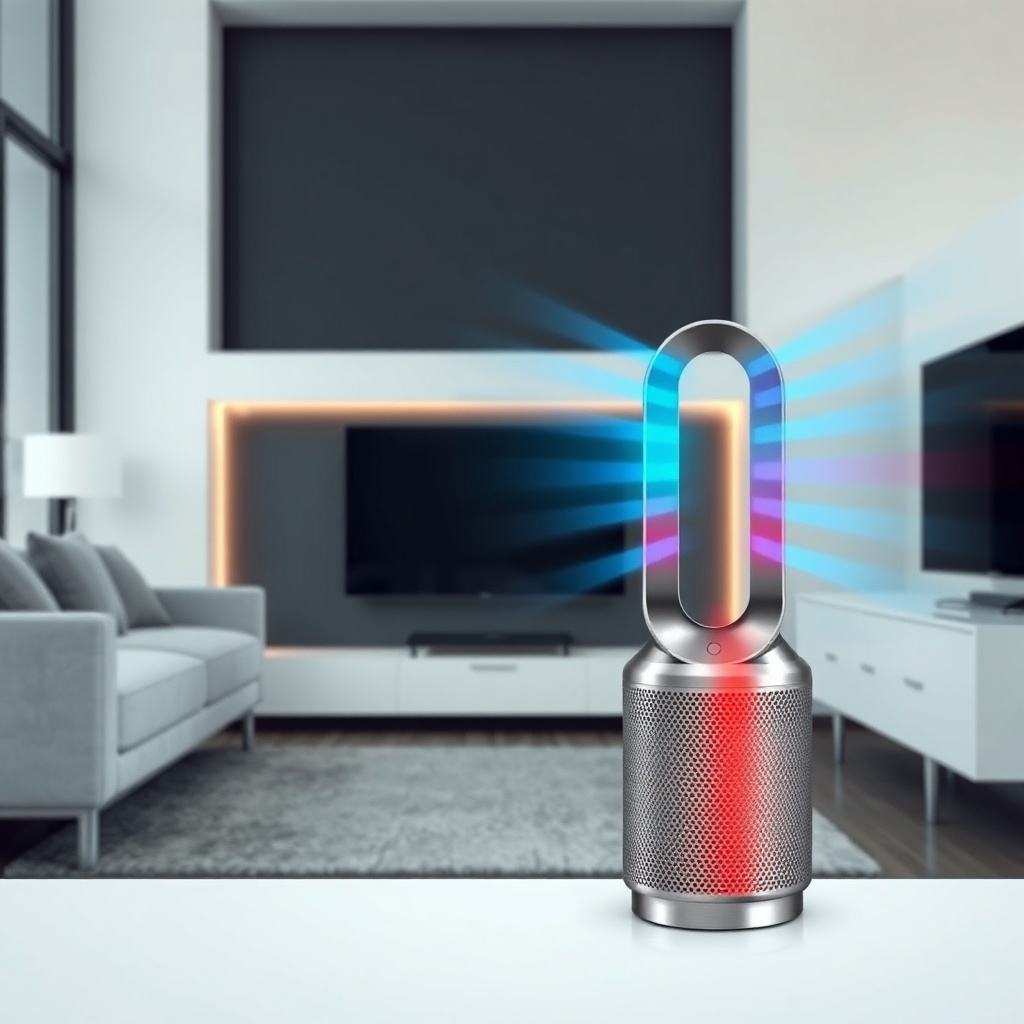 A clean photorealistic photo of a Dyson Purifier Hot+Cool placed in a modern living room