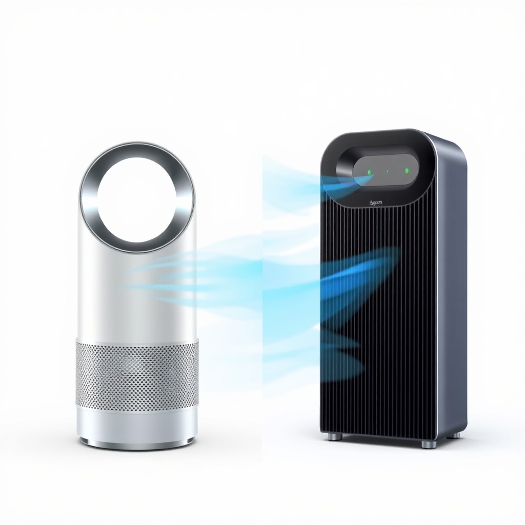 A clean photorealistic split illustration showing a Dyson Purifier Hot+Cool on the left wi