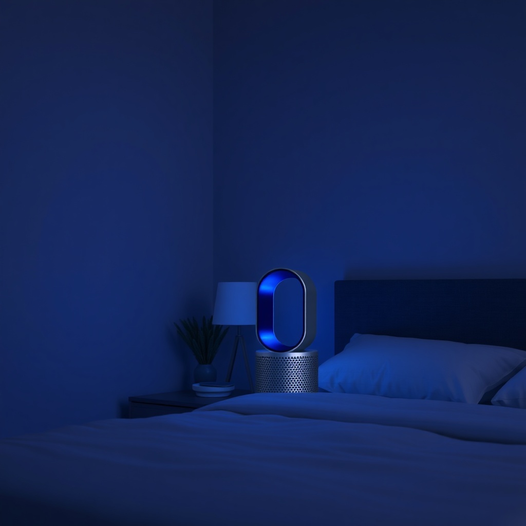 <clean photorealistic photo/illustration of Dyson Purifier Hot+Cool in a dimly lit bedroom