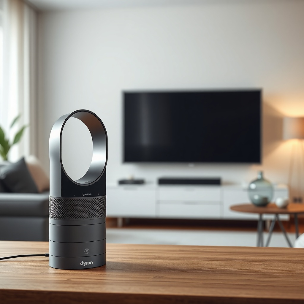 <clean photorealistic photo/illustration of a sound level meter next to a Dyson Purifier H