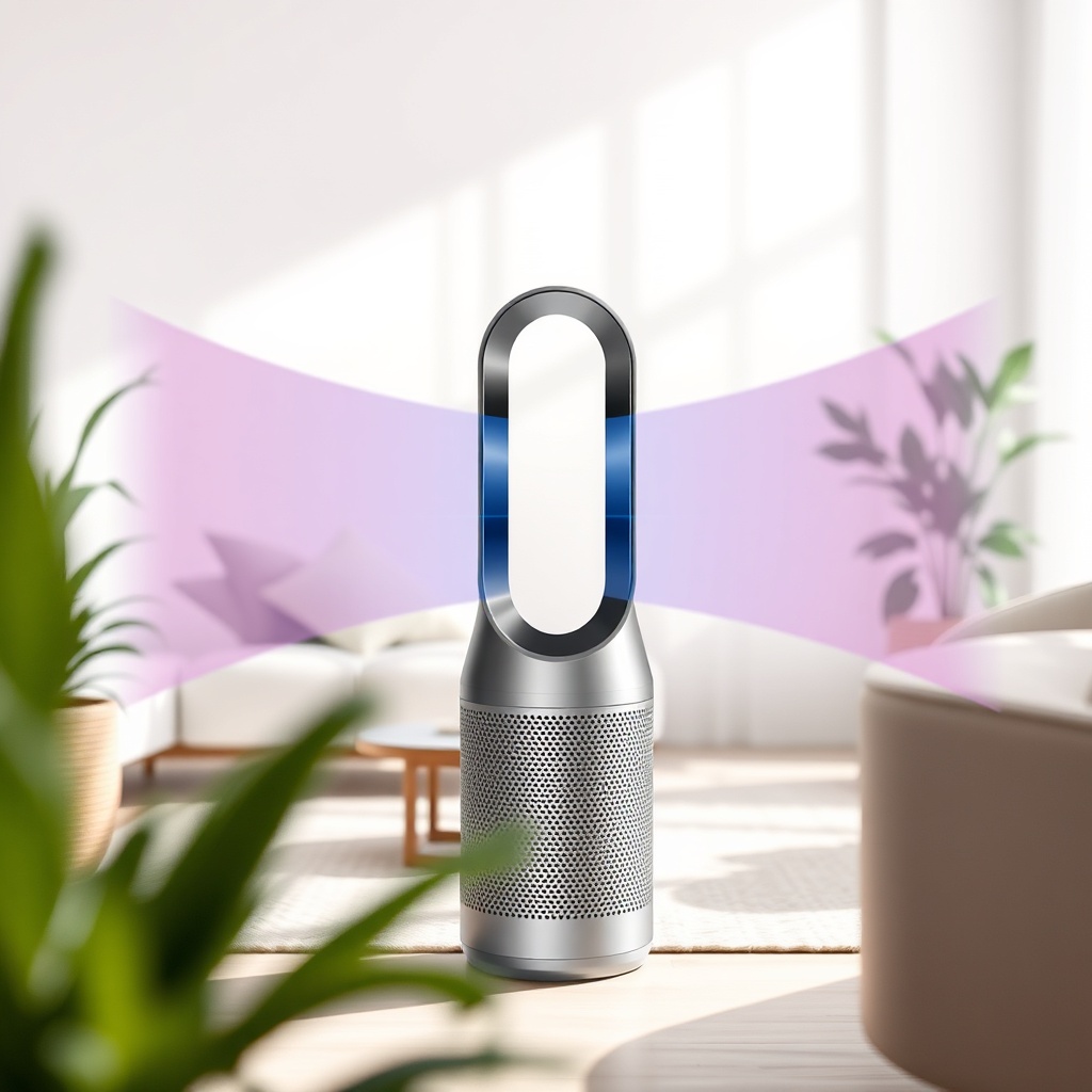 Clean photorealistic photo of a Dyson Purifier Hot+Cool in a bright living room with plant