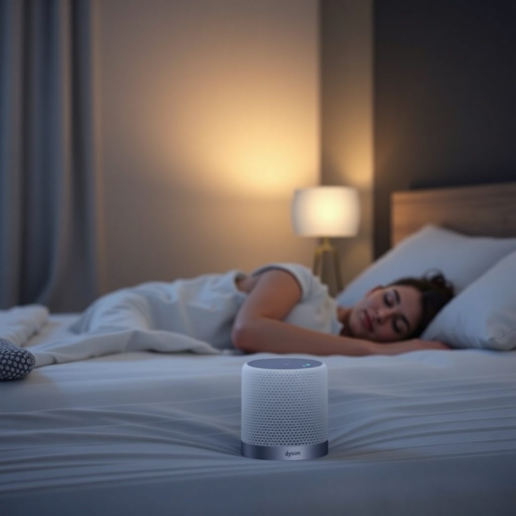 Clean photorealistic photo of a Dyson Purifier Hot+Cool in a bedroom at night