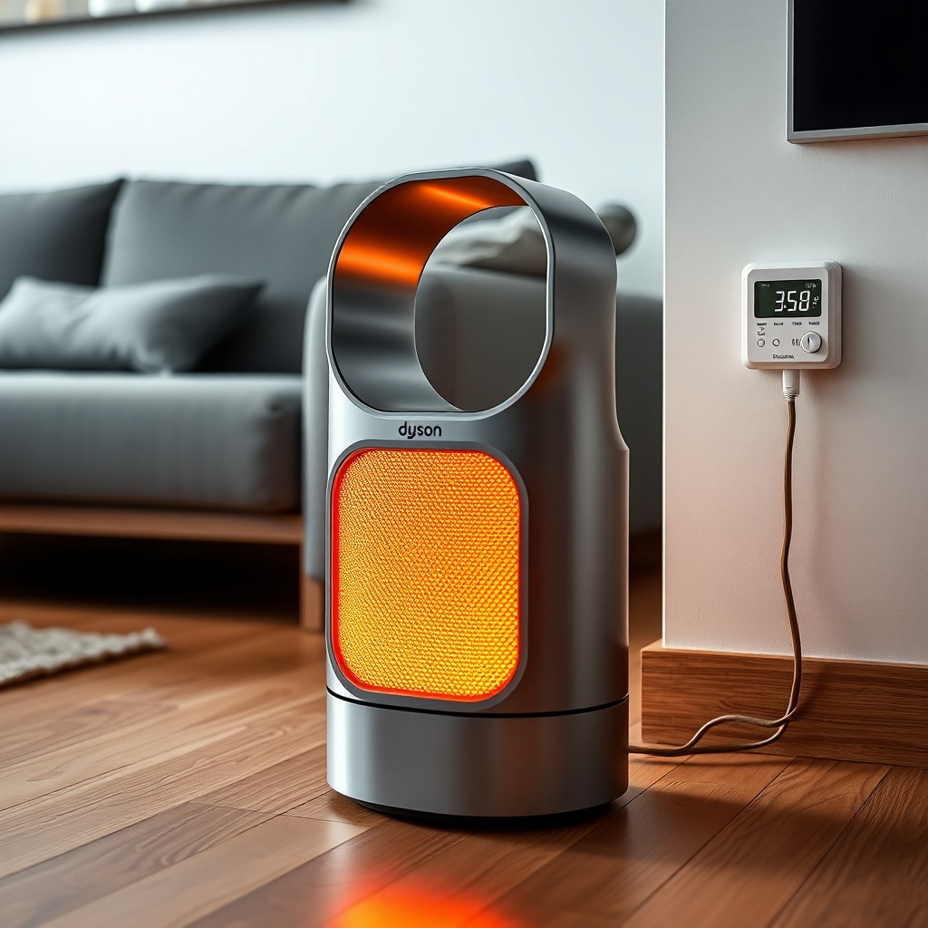 A photorealistic image of a Dyson Purifier Hot+Cool sitting on a wooden floor in a modern