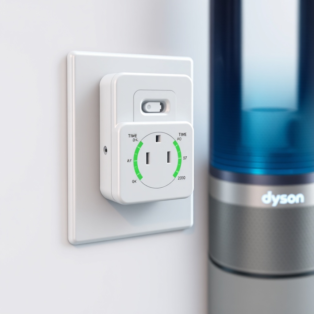 A photorealistic illustration of a European-style power plug with a timer switch attached