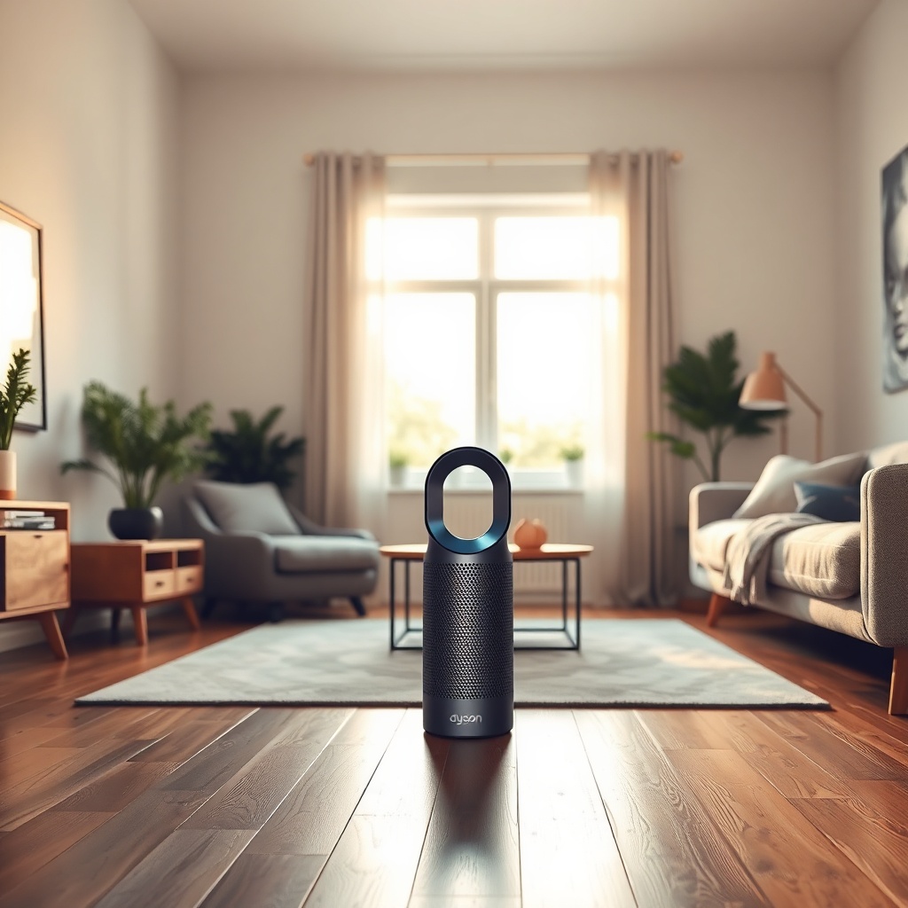 A modern living room with a Dyson Purifier Hot+Cool on a wooden floor