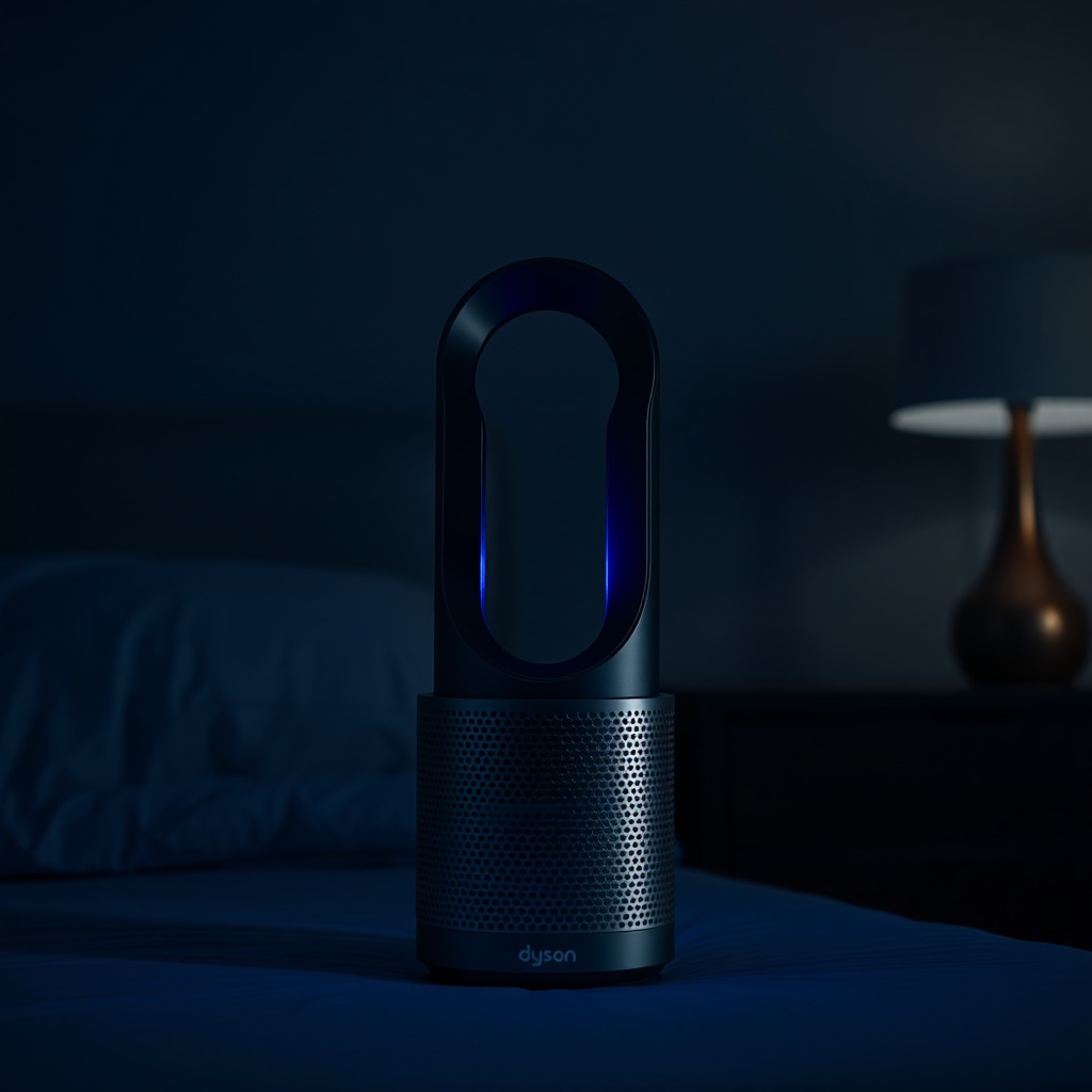 A close-up shot of a Dyson Purifier Hot+Cool in a dark bedroom at night with a blue LED di
