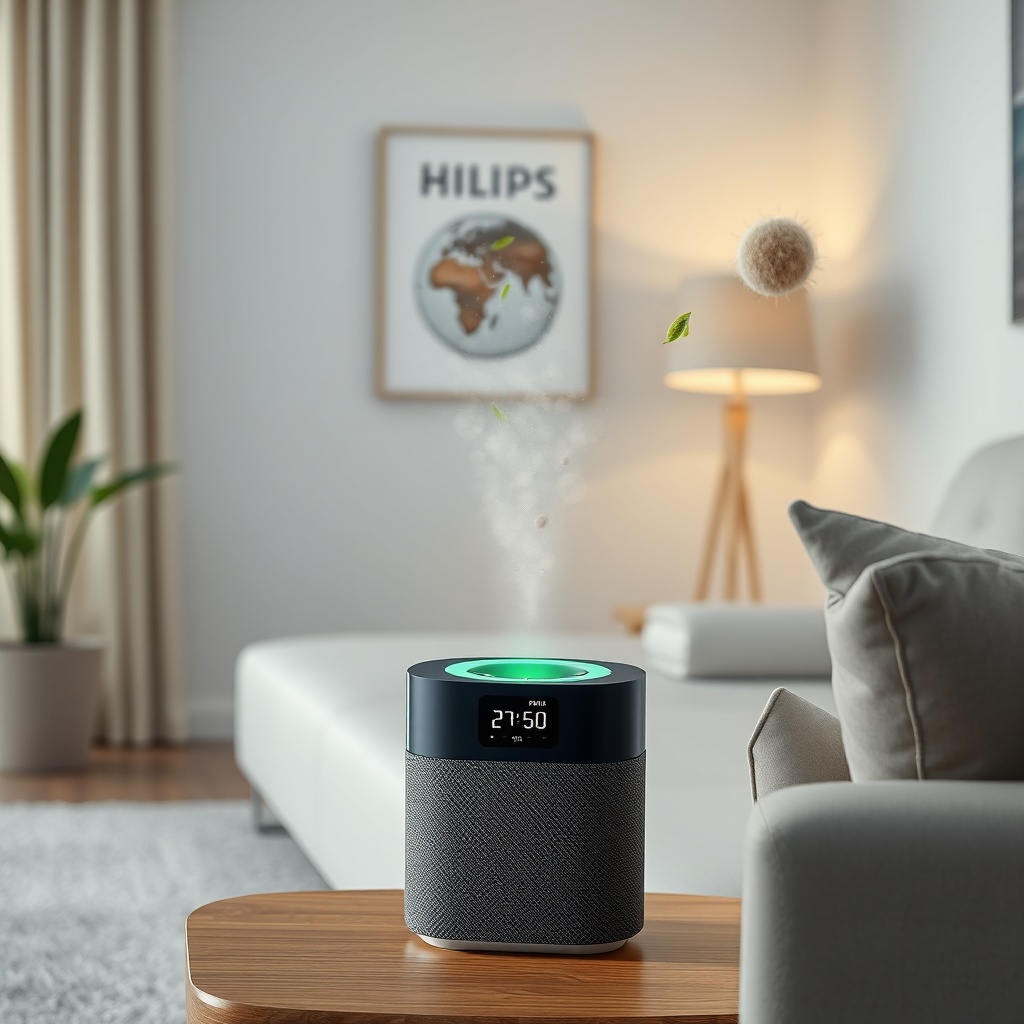 A photorealistic illustration of a living room with a Philips Series 3000i on a side table