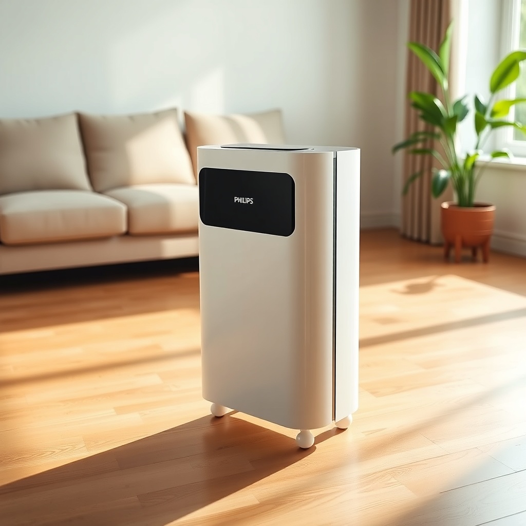A low-angle studio shot of a Philips Series 3000i air purifier in a white finish