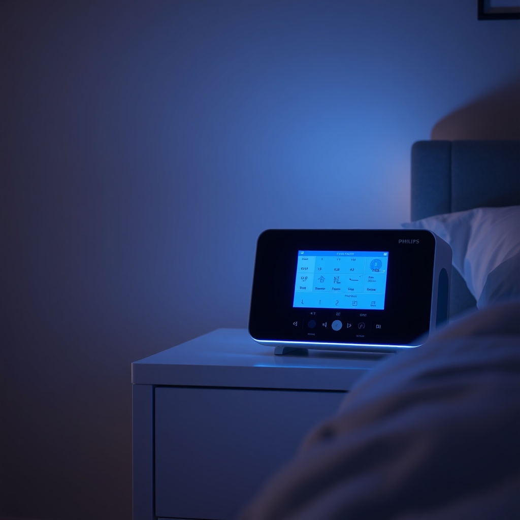 <clean photorealistic photo of Philips Series 3000i on a nightstand in a dimly lit bedroom