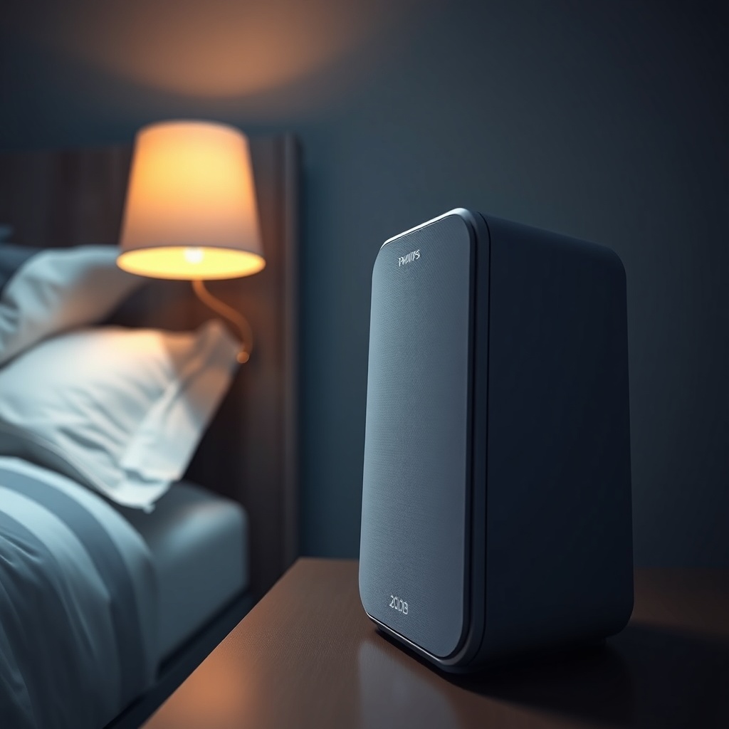 A close-up photorealistic shot of the Philips Series 3000i standing on a nightstand next t