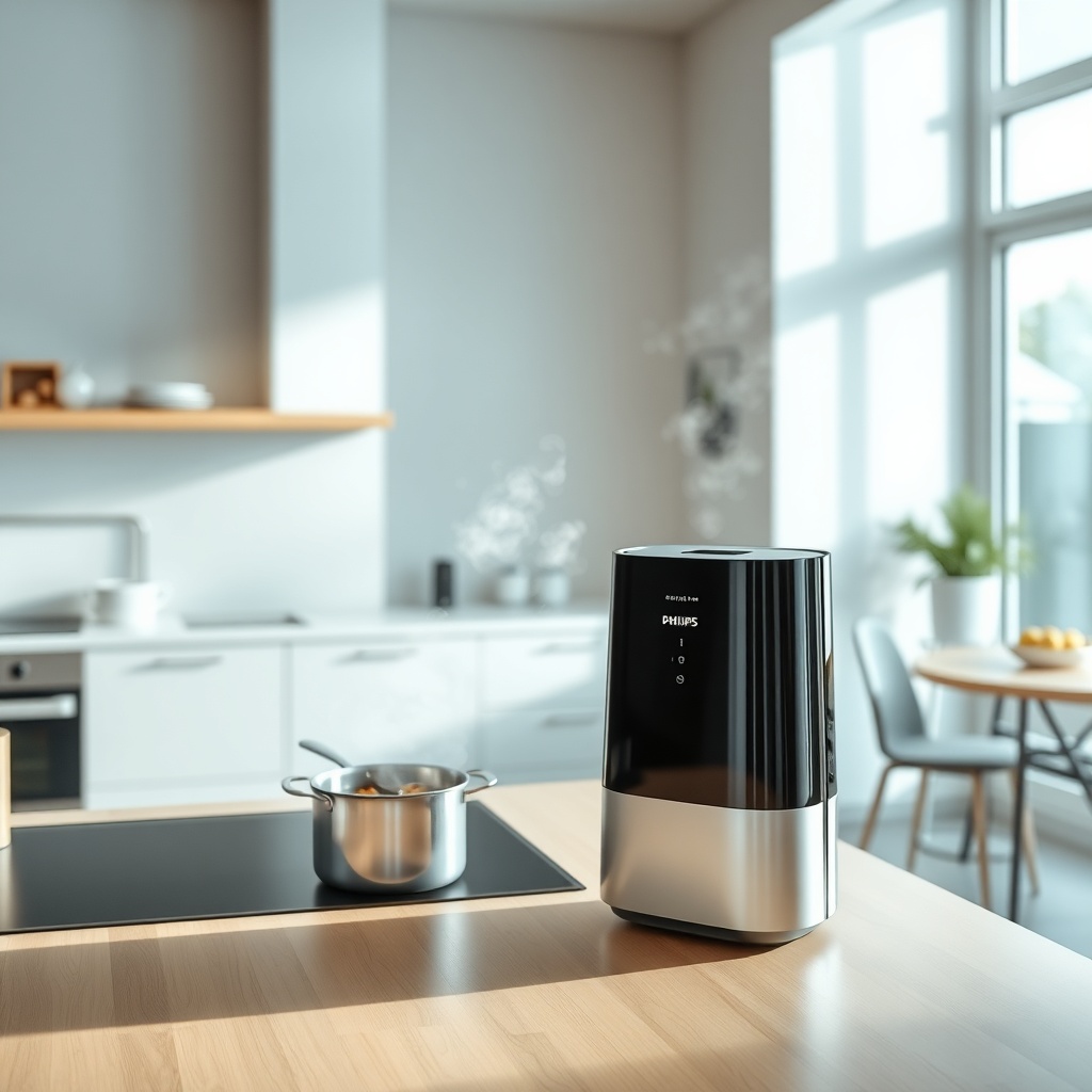 Photorealistic image of an open-plan kitchen with a Philips Series 3000i air purifier plac