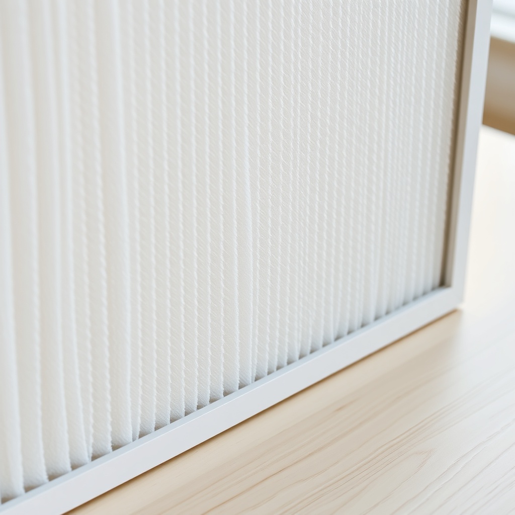 A photorealistic close-up of a clean HEPA filter panel with white fibres and a thin grey p
