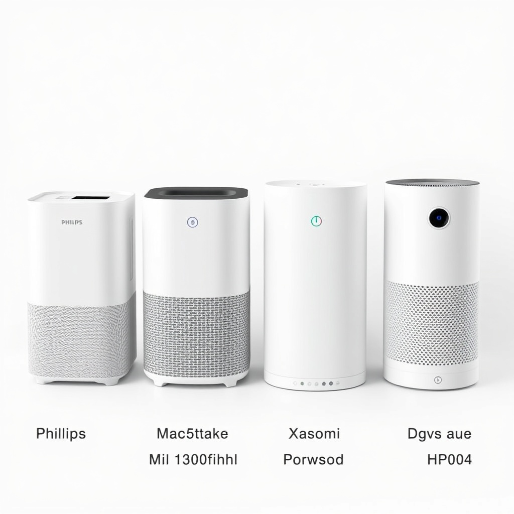 A side-by-side comparison of four air purifiers on a white background: Philips Series 3000