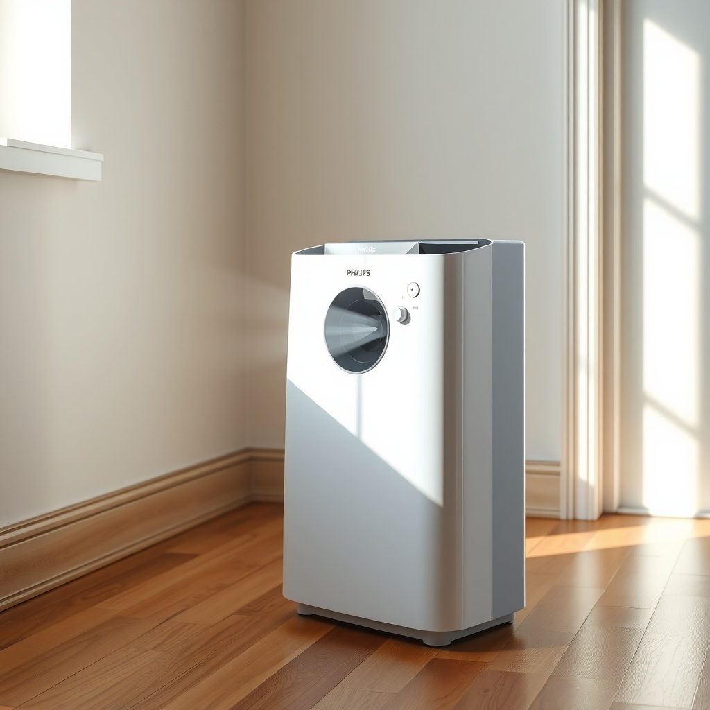 A clean photorealistic photo showing a Philips Series 3000i air purifier on a wooden floor