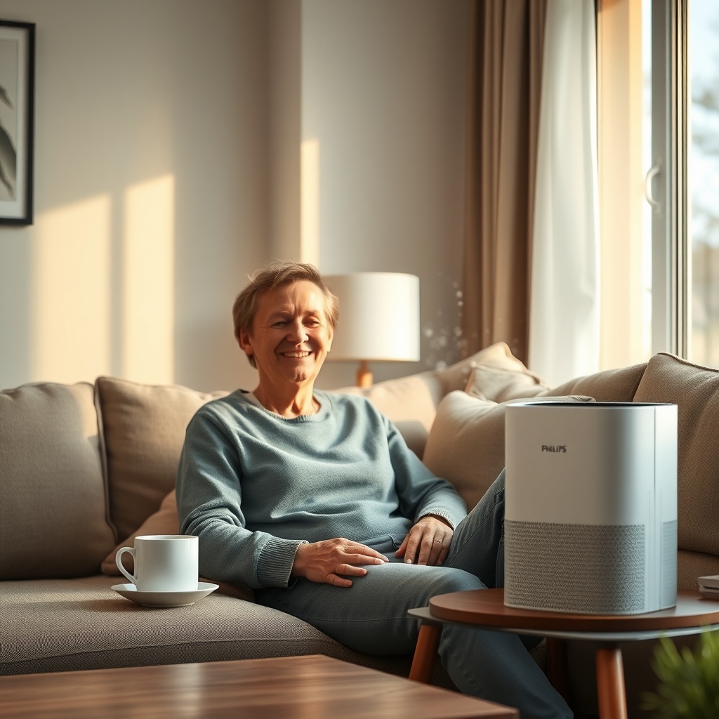 A clean photorealistic photo of a smiling person in a cozy living room