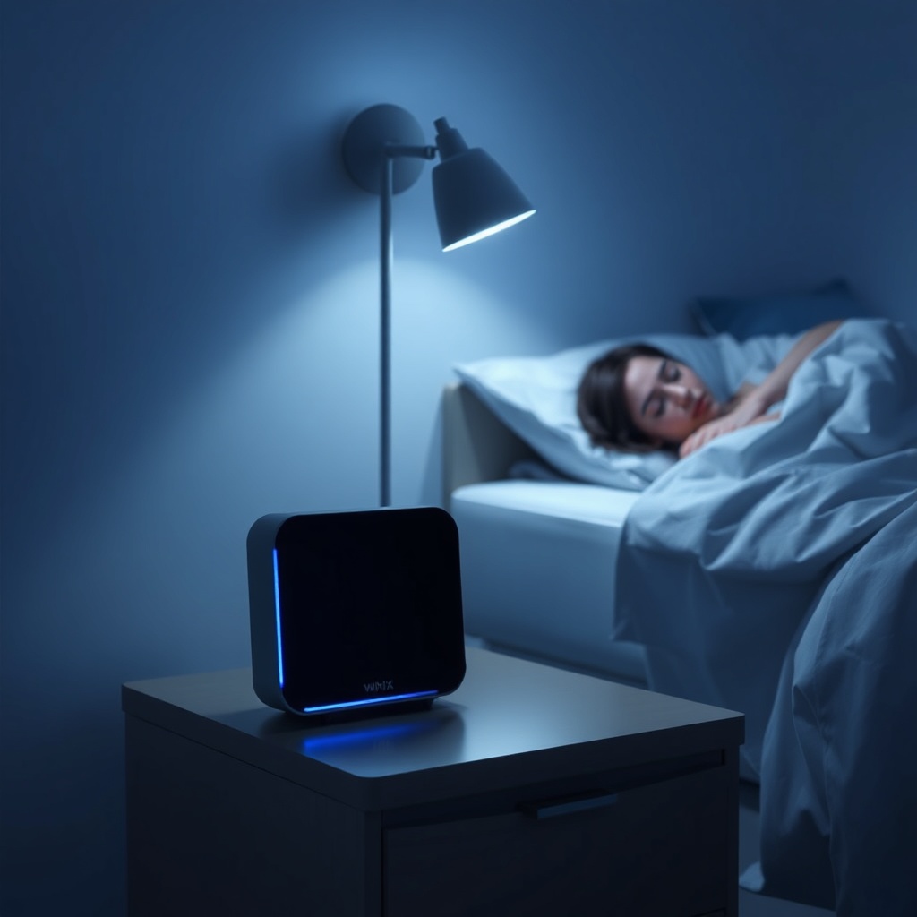 A clean photorealistic photo of a bedroom at night with the Winix Zero S on a nightstand i