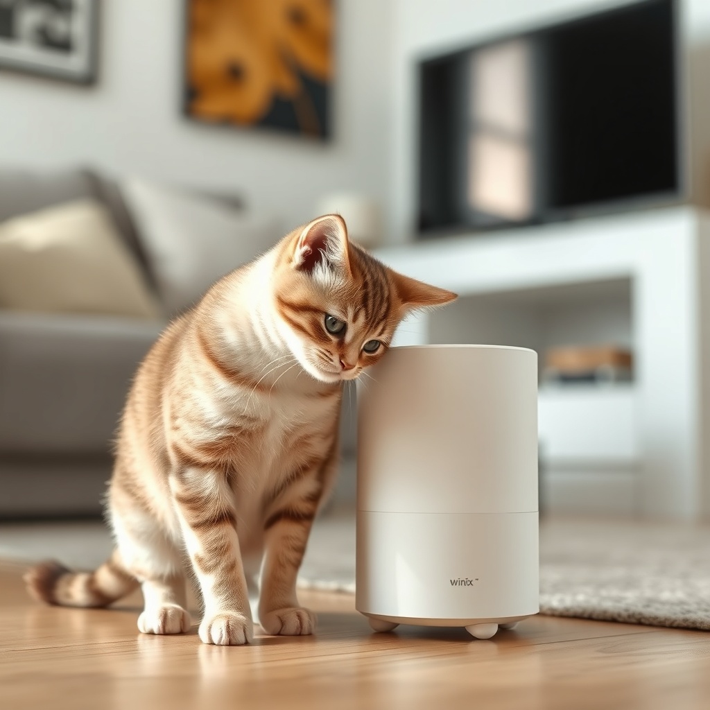 A photorealistic photo of a small cat brushing against the Winix Zero S in a living room