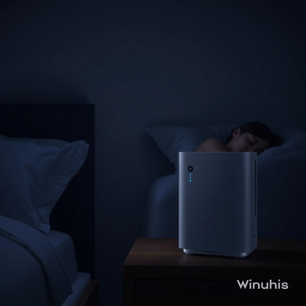 A photorealistic image showing a Winix Zero S air purifier on a nightstand in a dark bedro