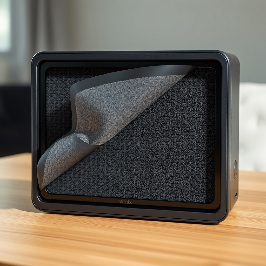 A photorealistic close-up shot of the Winix Zero S's active carbon filter layer being remo