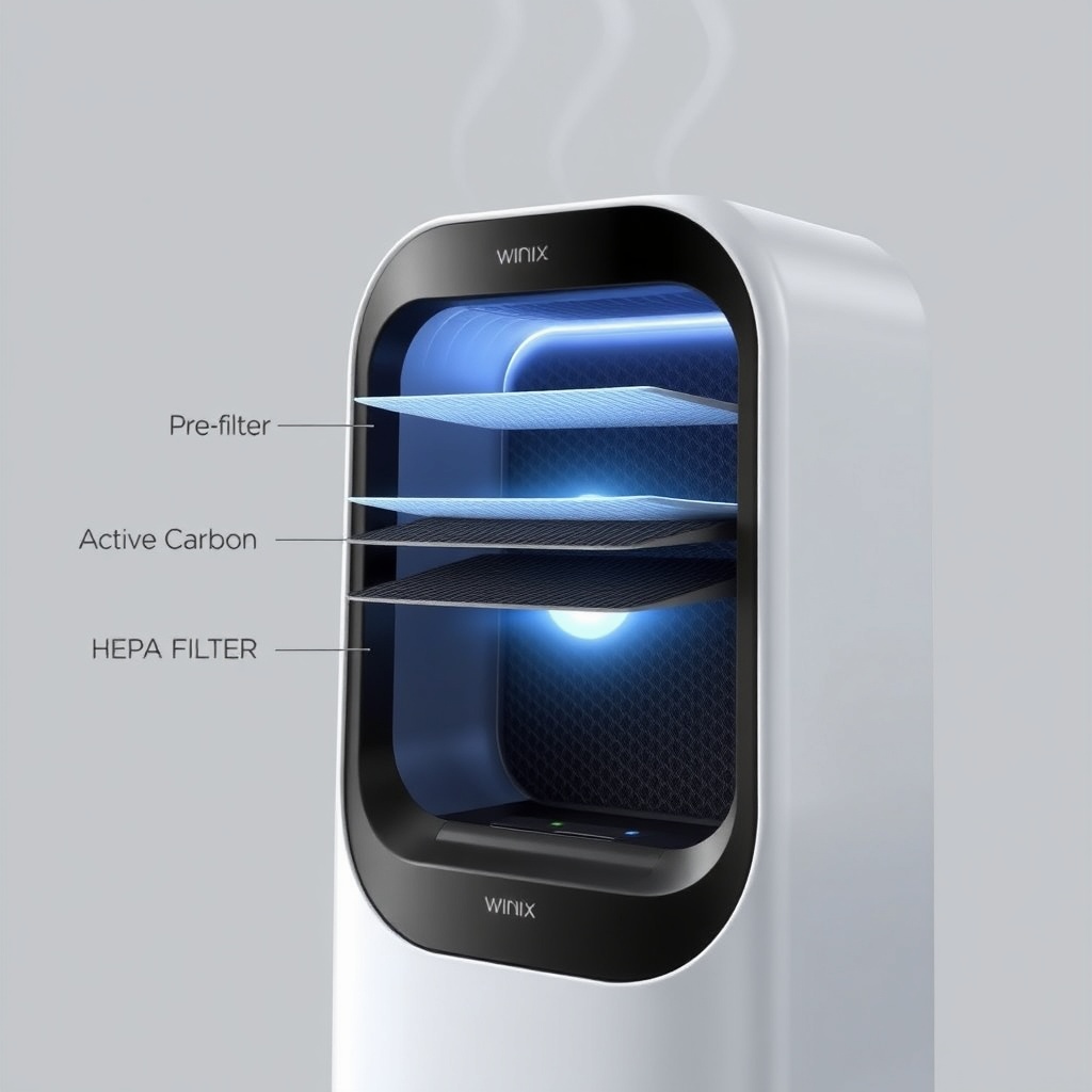A photorealistic illustration showing the internal air path of the Winix Zero S: air enter