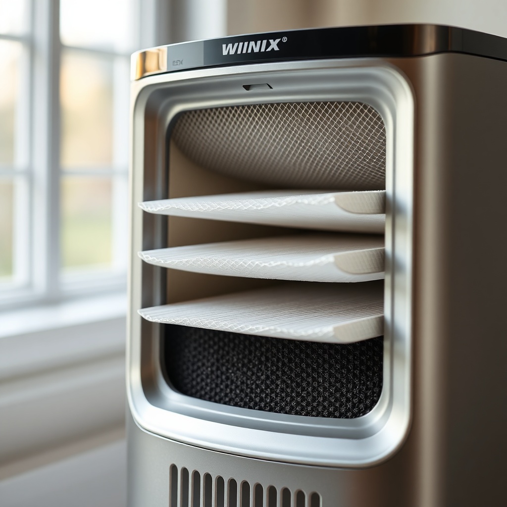 A photorealistic close-up of the Winix Zero S front grille partially removed showing the t