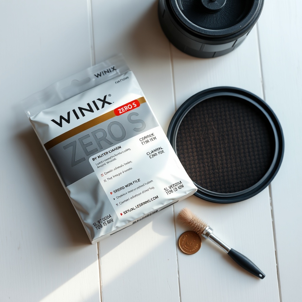 A photorealistic bird's-eye view of a new Winix Zero S filter pack lying on a white wooden