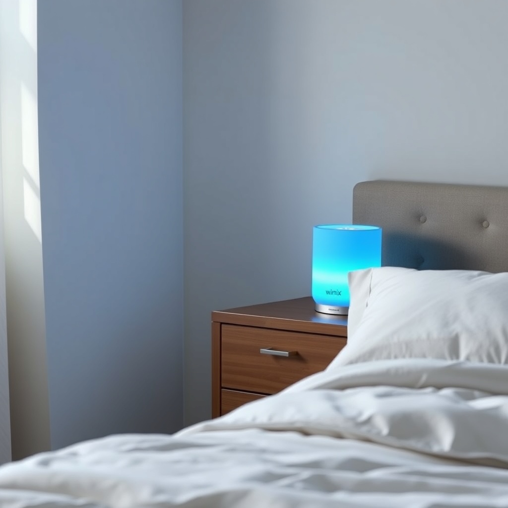 A bedroom with a Winix Zero S on a nightstand; soft blue glow from the device; bedding in