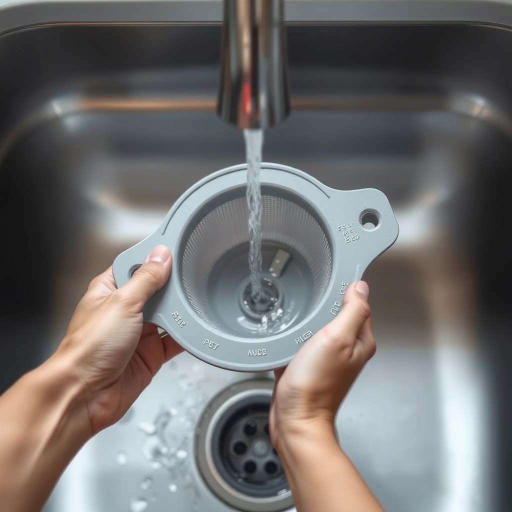 A clean photorealistic photo showing a person's hands holding a grey plastic mesh pre-filt
