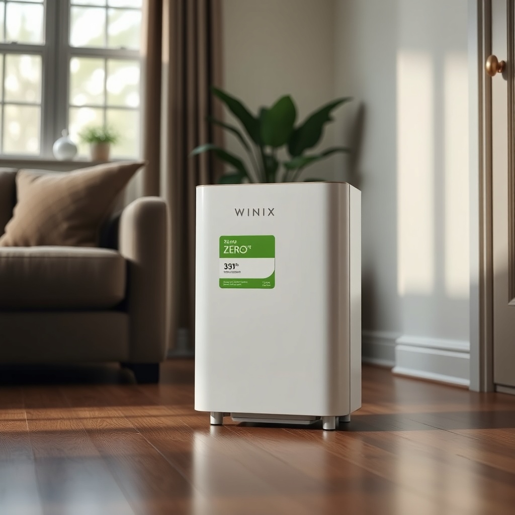A clean photorealistic photo of a Winix Zero S air purifier sitting on a wooden floor in a