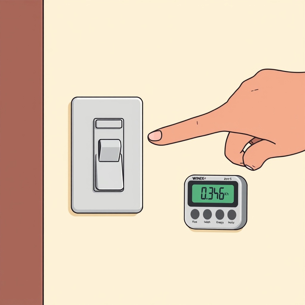 A simple clean illustration showing a hand flipping a light switch next to a small digital