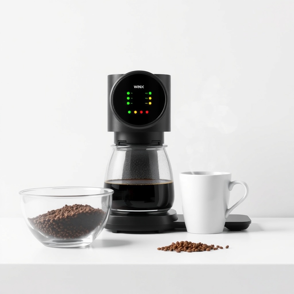 Photorealistic photo of Winix Zero S next to a glass bowl with coffee grounds and a steami
